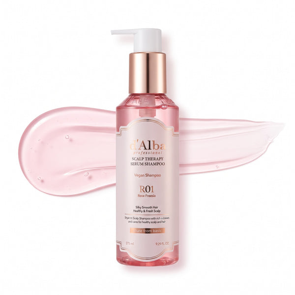 Champú d'Alba Rose Freesia envase frontal de 275 ml con la textura del champú