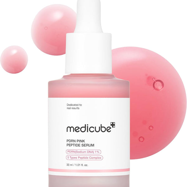 Medicube PDRN Pink Peptide Serum with Salmon DNA vista frontal del frasco.