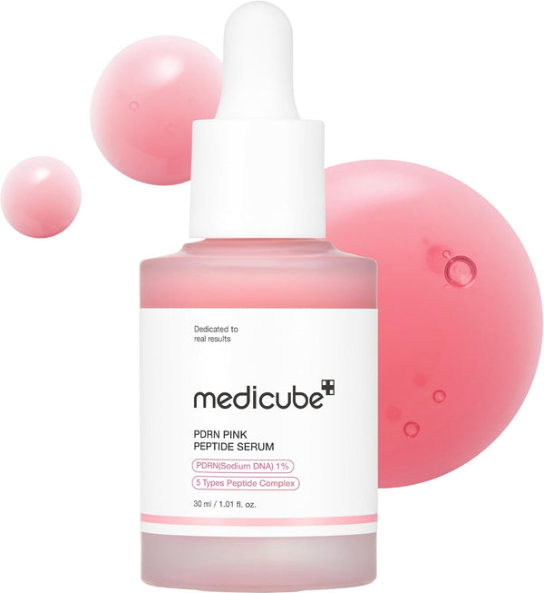 Medicube PDRN Pink Peptide Serum with Salmon DNA vista frontal del frasco.