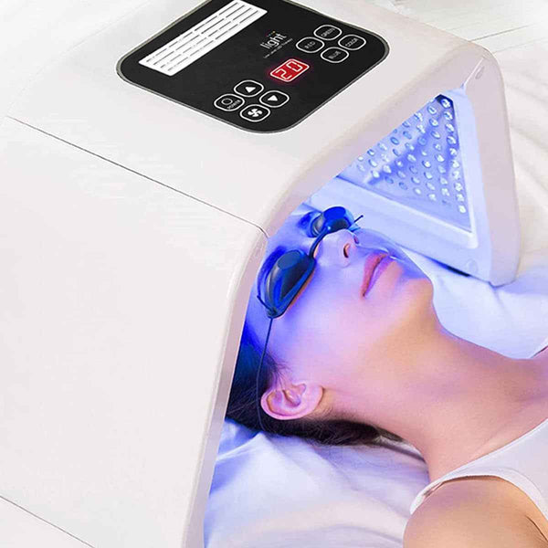 Mascarilla facial LED de 7 colores vista frontal del dispositivo tipo cabina.