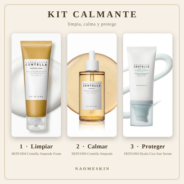 Kit Calmante SKIN1004 Centella con espuma limpiadora, ampolla y protector solar SPF50+ en tres pasos: limpiar, calmar y proteger