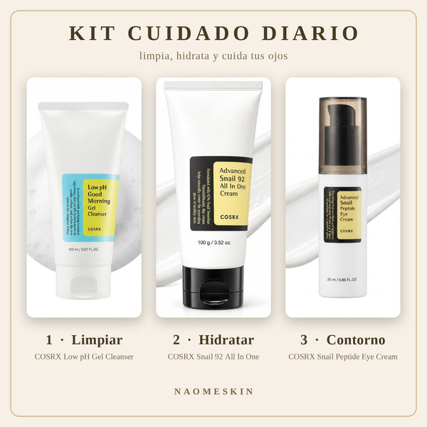 Kit Cuidado Diario COSRX con limpiador low pH, crema Snail 92 y contorno de ojos con péptidos en tres pasos