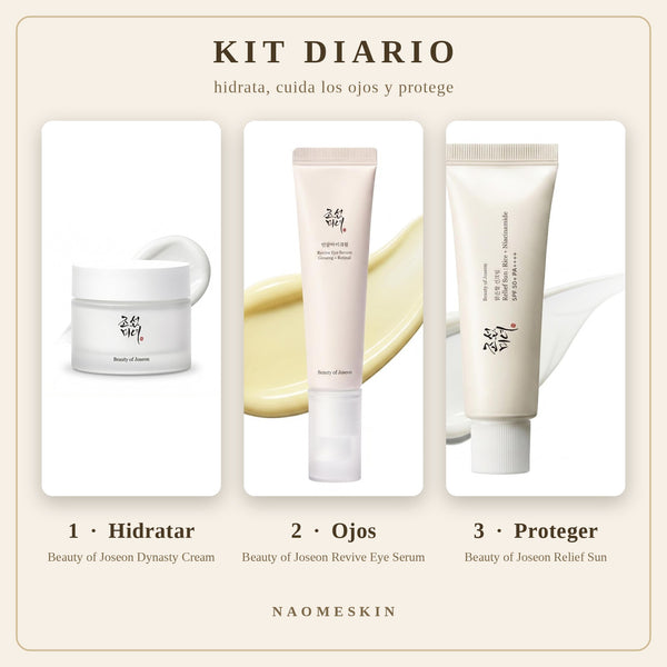 Kit Diario Beauty of Joseon con crema Dynasty, sérum de ojos Revive y protector solar Relief Sun SPF50+