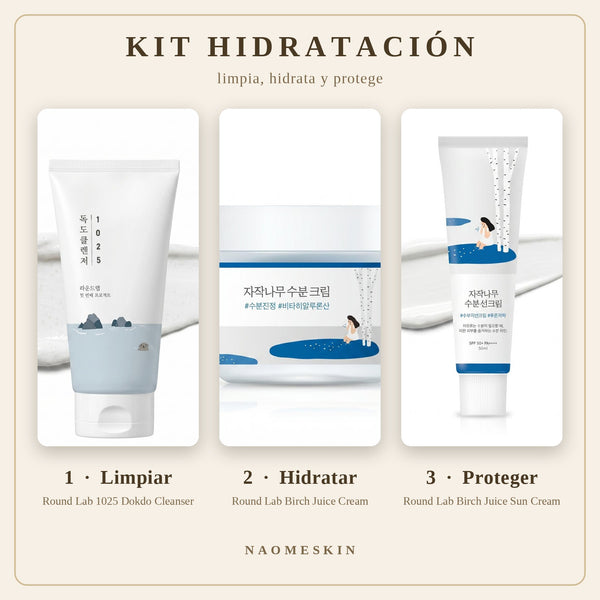 Kit Hidratación Round Lab con limpiador Dokdo, crema Birch Juice y protector solar SPF50+ en tres pasos: limpiar, hidratar y proteger