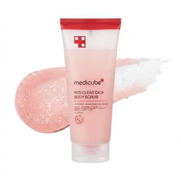 Exfoliante Corporal medicube Red Clear Cica 270 g, envase frontal con muestra de textura