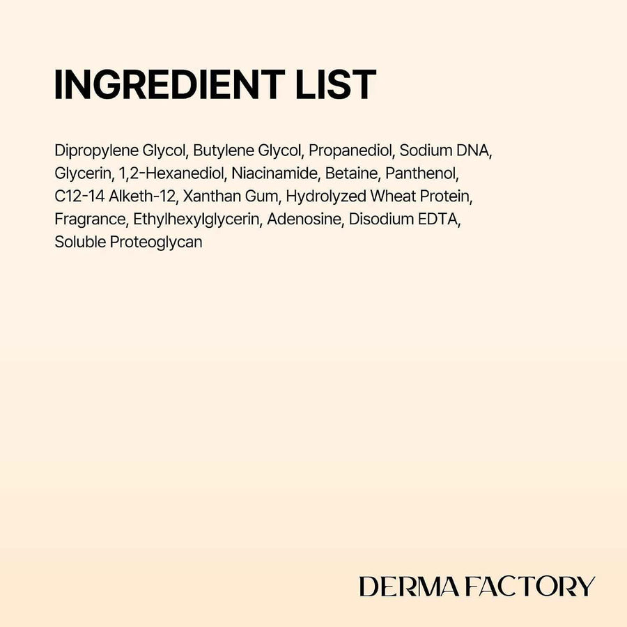 Sérum PDRN de ADN de salmón Derma Factory detalle de la ampolla y la gota de sérum sobre la piel.
