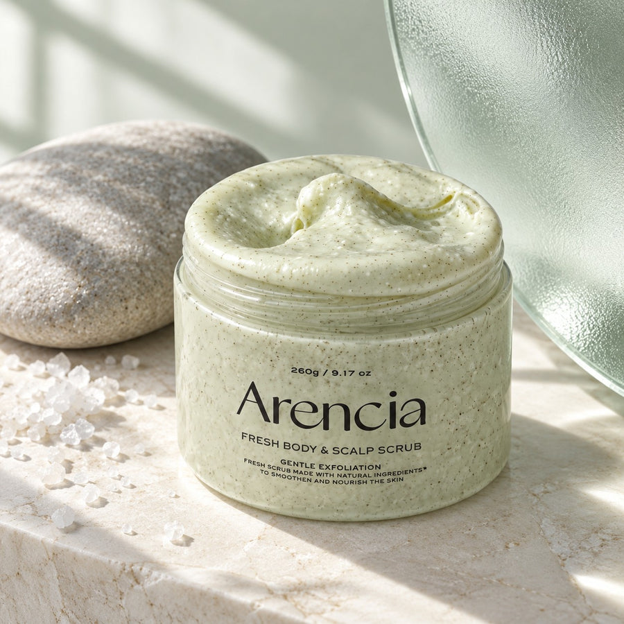 Exfoliante Arencia Fresh Geranio y Onagra 260 g, envase con piedra, sal y cristal