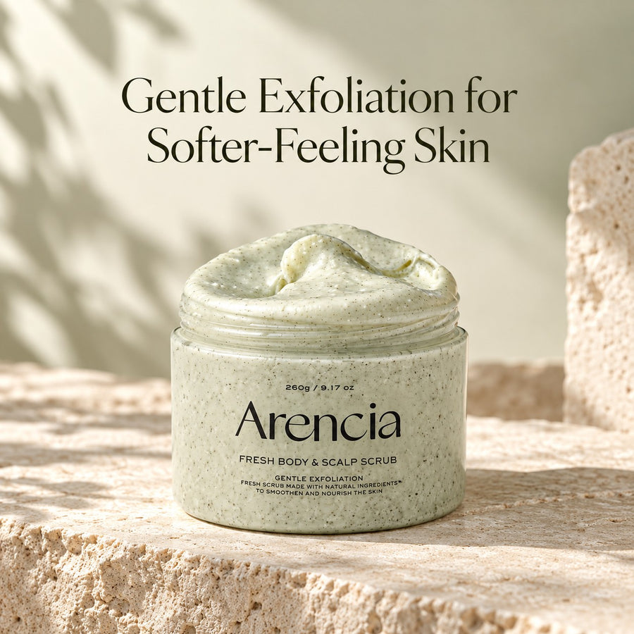 Exfoliante Arencia Fresh Geranio y Onagra 260 g, envase sobre una base de piedra