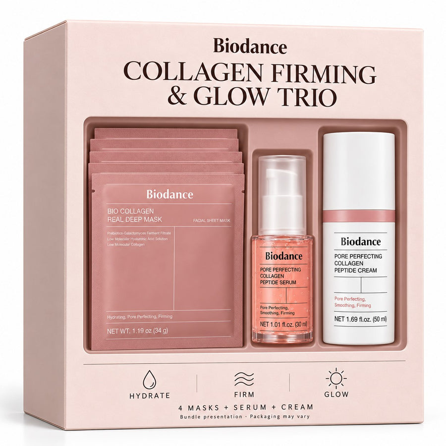 Kit Colágeno Biodance: imagen ilustrativa de la caja de presentación con mascarillas, sérum y crema (la caja no se incluye)