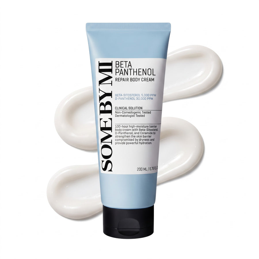 Crema Corporal SOME BY MI Beta Panthenol 200 ml, envase frontal con muestra de textura