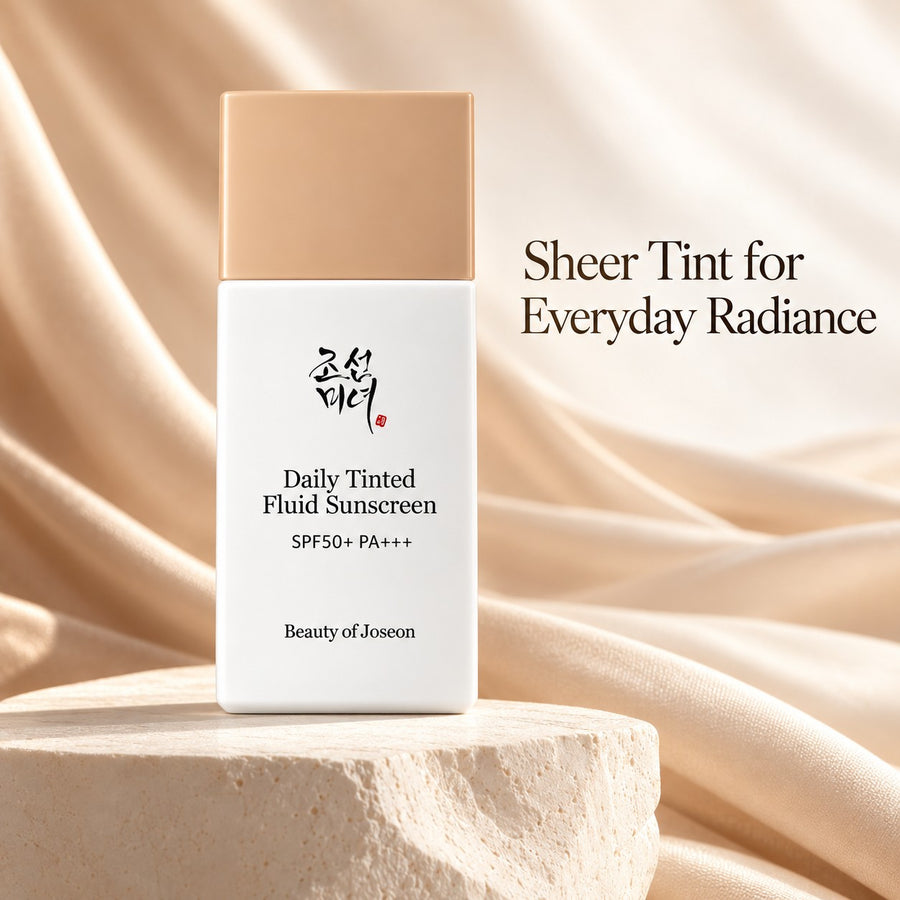 Sérum Solar con Color Beauty of Joseon MY210 50 ml sobre tela satinada con el texto «Sheer Tint for Everyday Radiance»