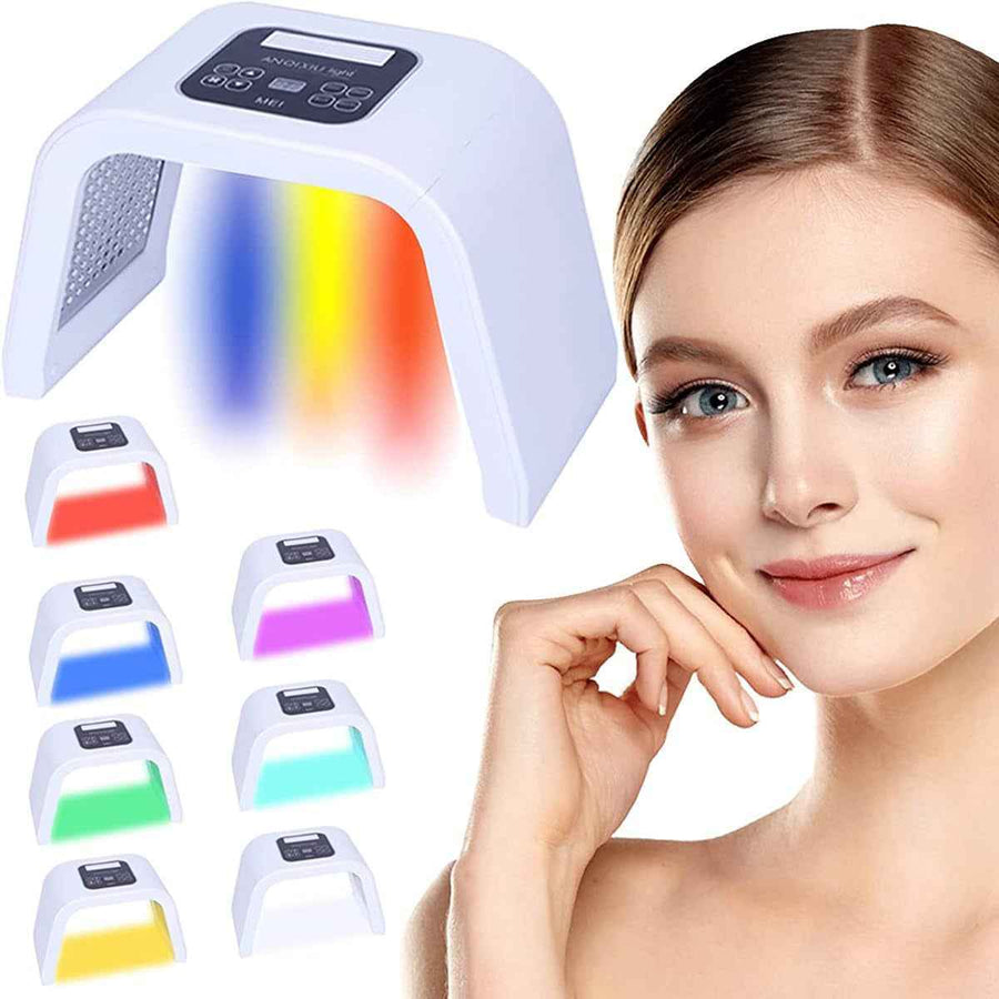 Mascarilla facial LED de 7 colores mostrando los paneles luminosos.