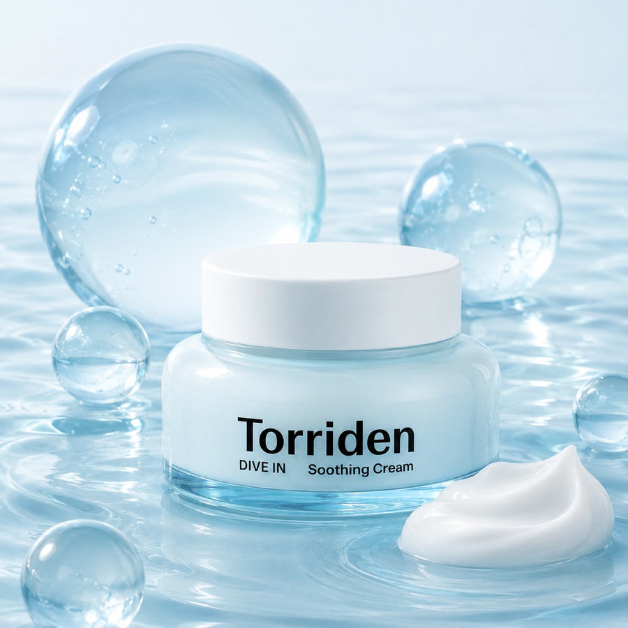 Kit Hidratación Torriden DIVE IN: crema Soothing Cream entre burbujas de agua