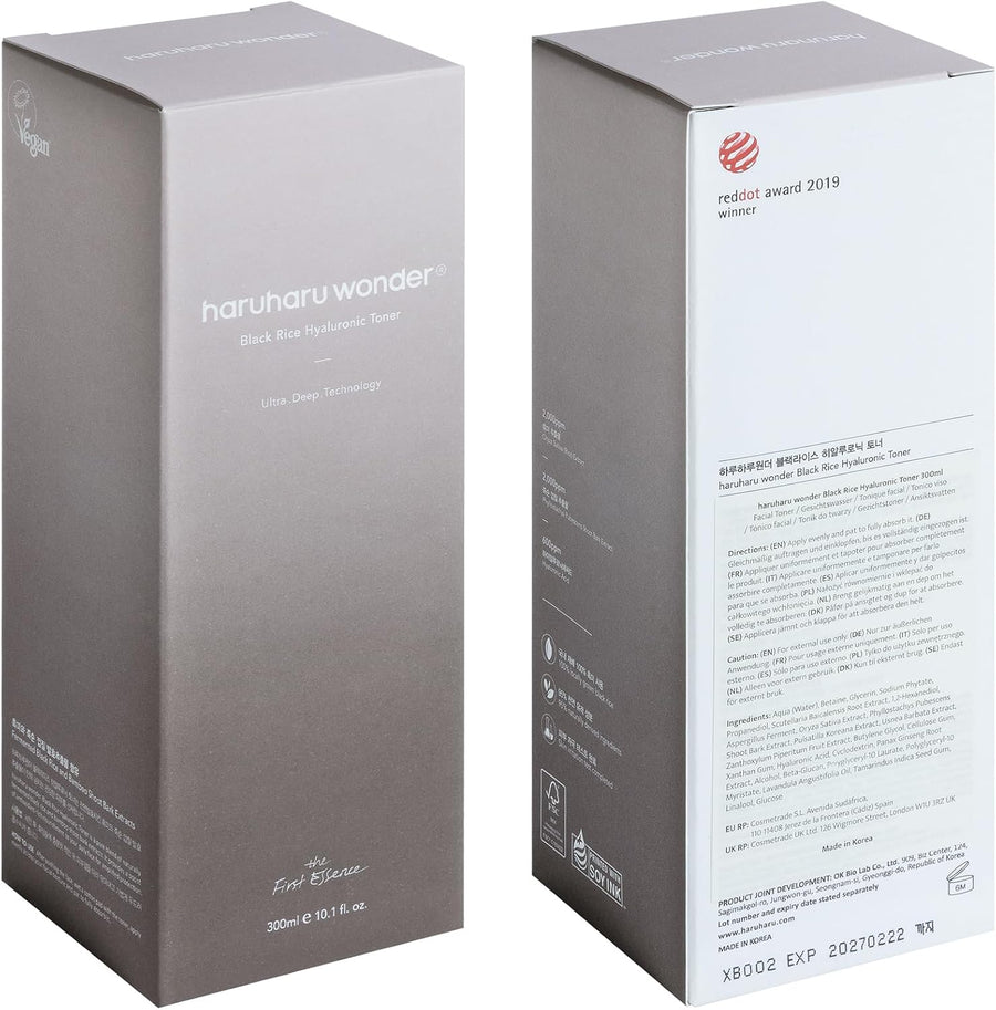 Wonder Black Rice Hyaluronic Toner Haruharu composición editorial de skincare.