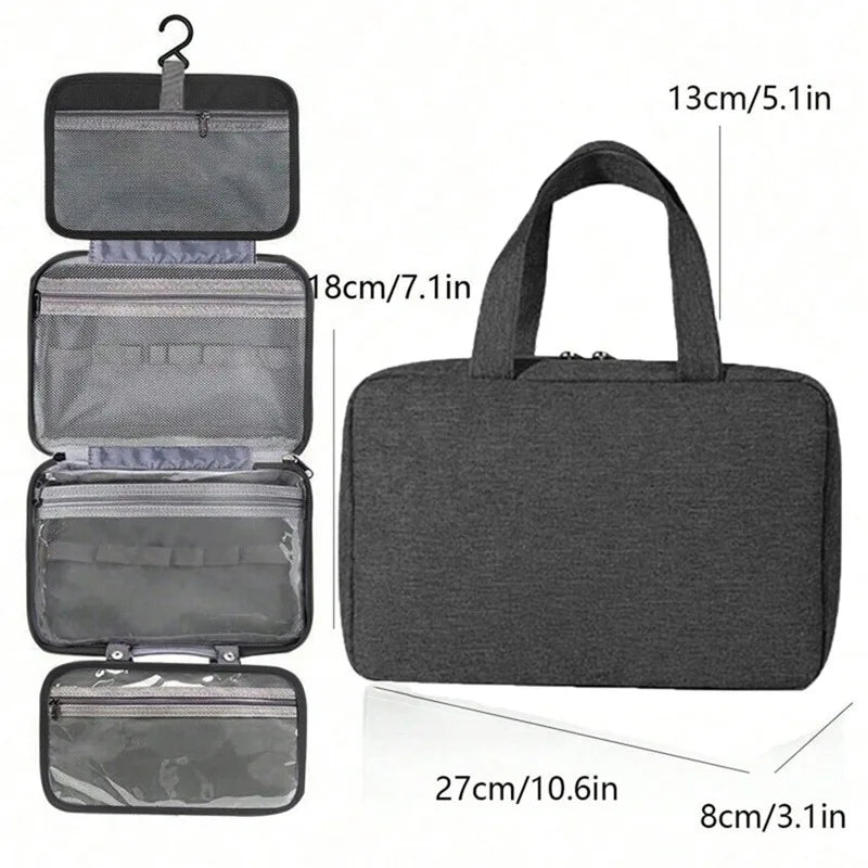 Neceser Colgante Impermeable de Viaje con maquillaje organizado en su interior.
