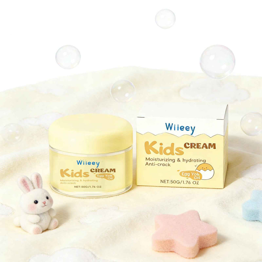 Crema Facial Infantil Hidratante Wiieey caja con aceite de huevo.