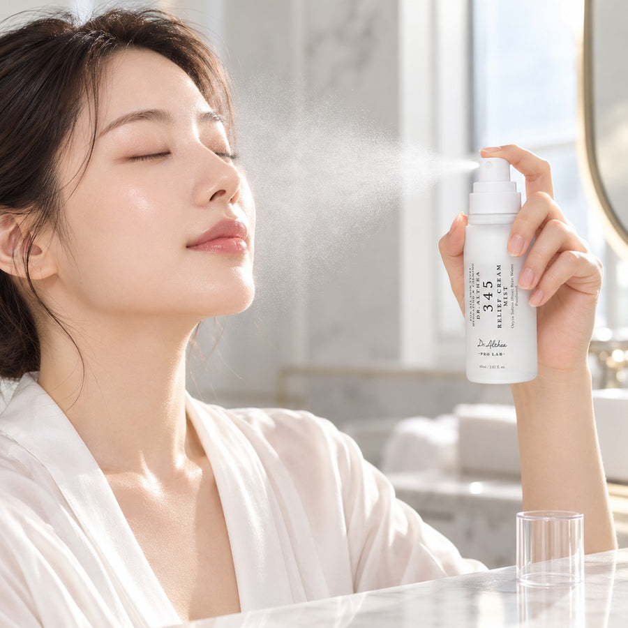 Mujer pulverizando la bruma 345 Relief Cream Mist del Kit Confort Dr.Althea sobre el rostro