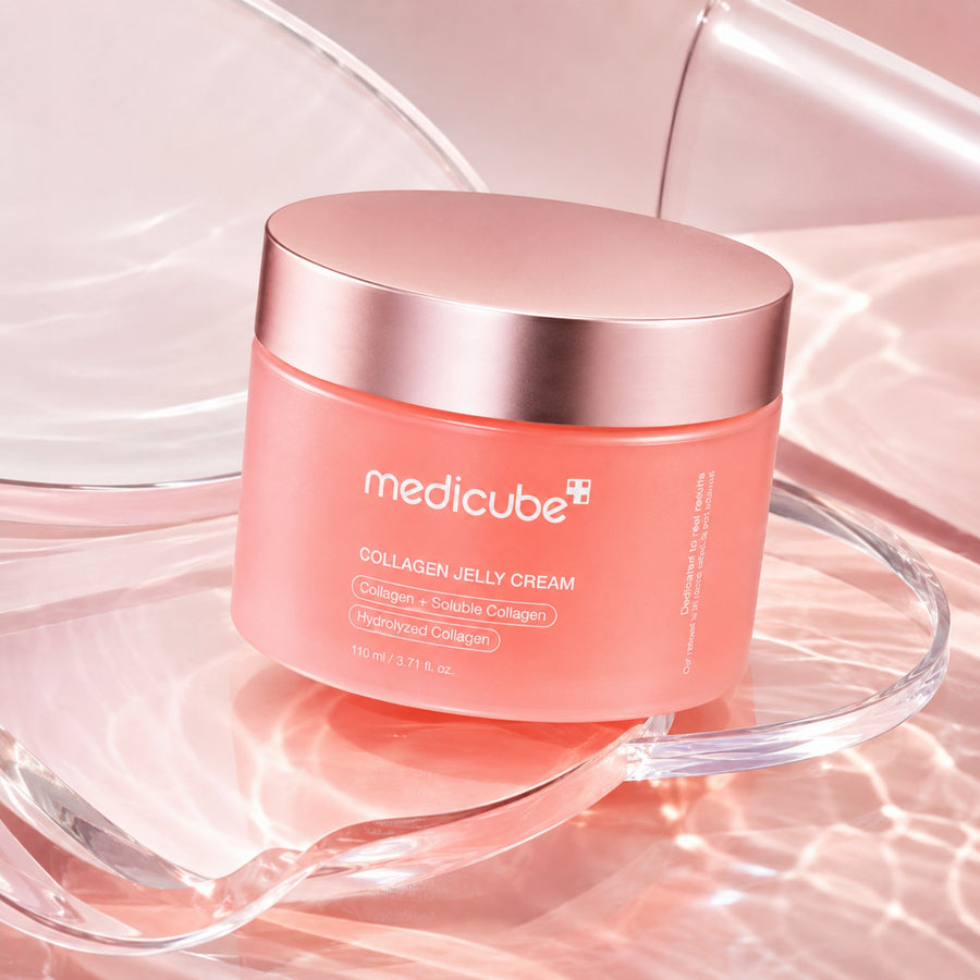 Kit Pink Glow MEDICUBE: crema Collagen Jelly Cream sobre cristal rosa