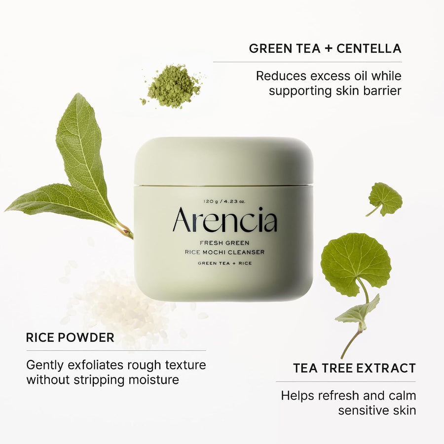 Fresh Green Rice Mochi Cleanser Arencia detalle del tarro.