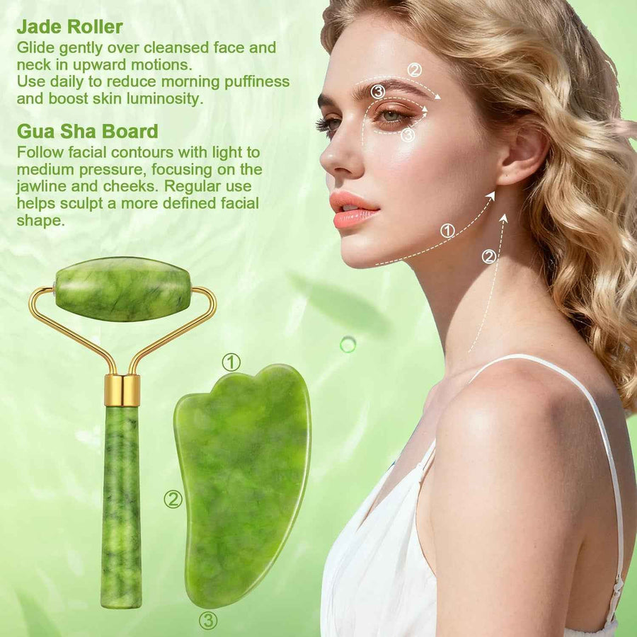 Set Gua Sha de Jade aplicación en el rostro
