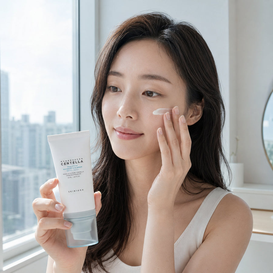 Mujer aplicando el protector solar Centella Hyalu-Cica Sun Serum SPF50+ del Kit Calmante SKIN1004