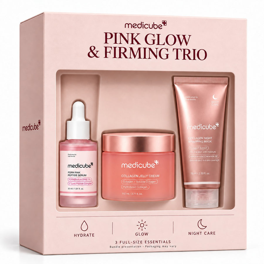Kit Pink Glow MEDICUBE: imagen ilustrativa de la caja de presentación con sérum, crema y mascarilla de noche (la caja no se incluye)