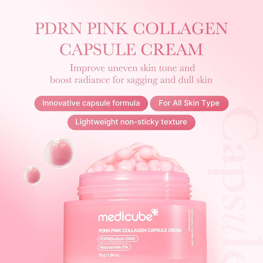 Capsule Cream con PDRN Medicube cápsulas rosas y gel transparente.