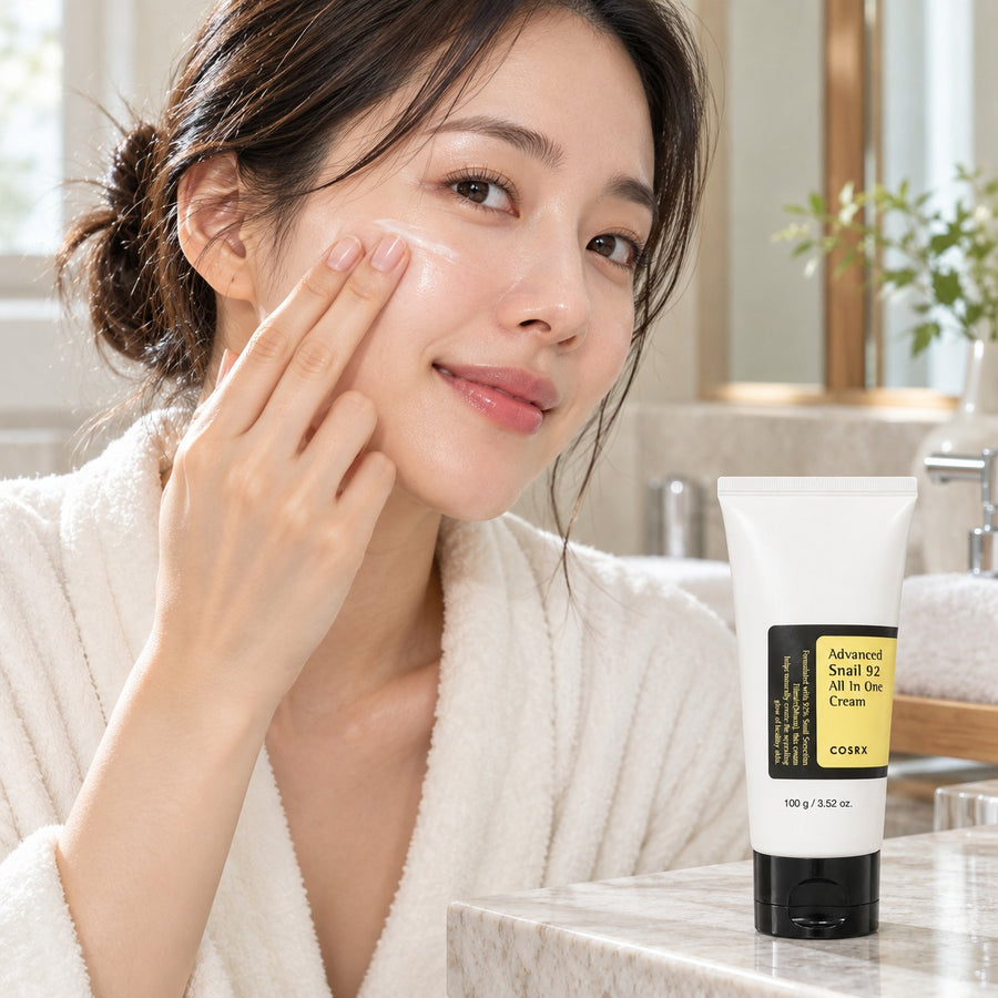 Mujer aplicando la crema Advanced Snail 92 del Kit Cuidado Diario COSRX en la mejilla