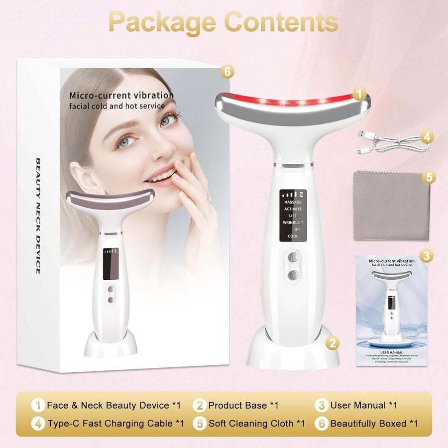 Masajeador Facial LED Antiarrugas con base cable USB-C manual y accesorios