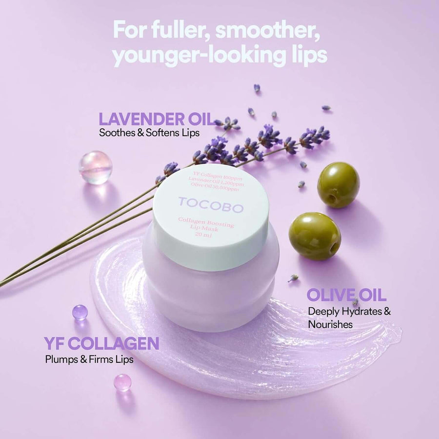 Mascarilla labial nocturna TOCOBO Purple Collagen textura cremosa y brillante.