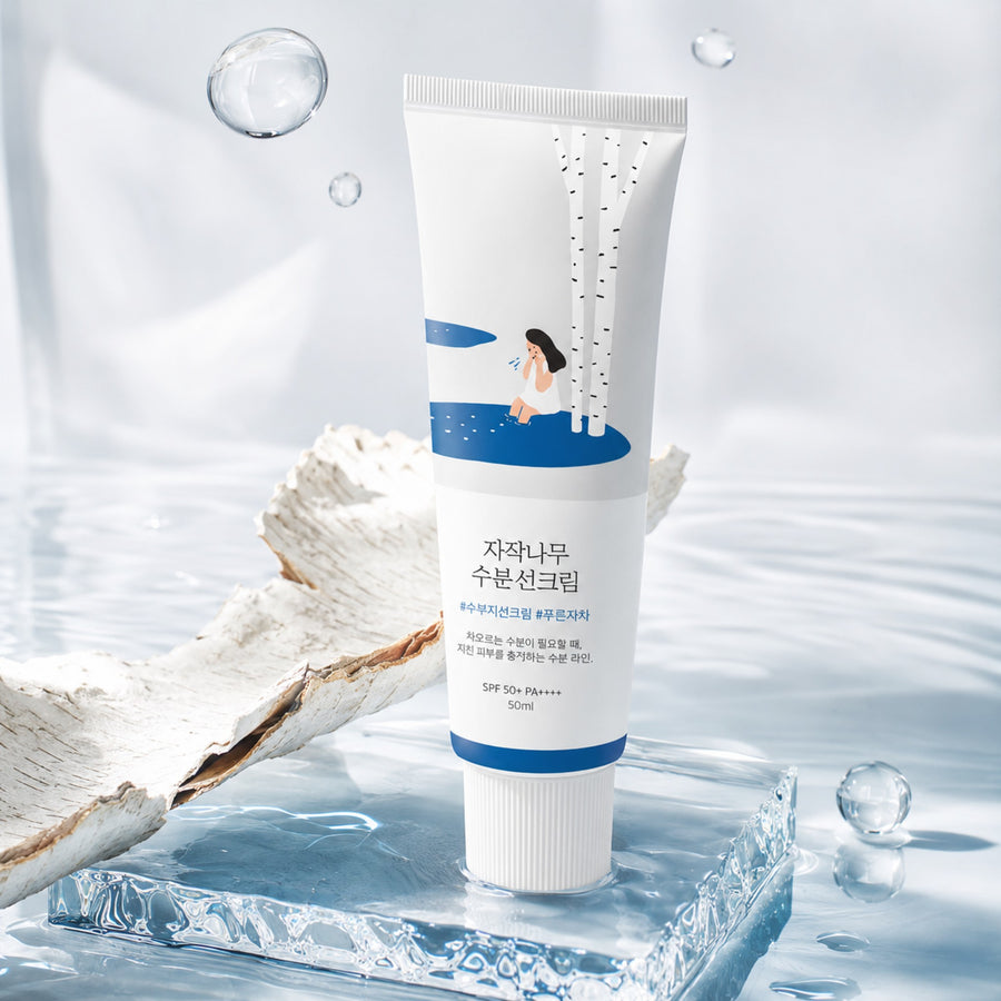 Kit Hidratación Round Lab: protector solar Birch Juice Sun Cream sobre una base de cristal