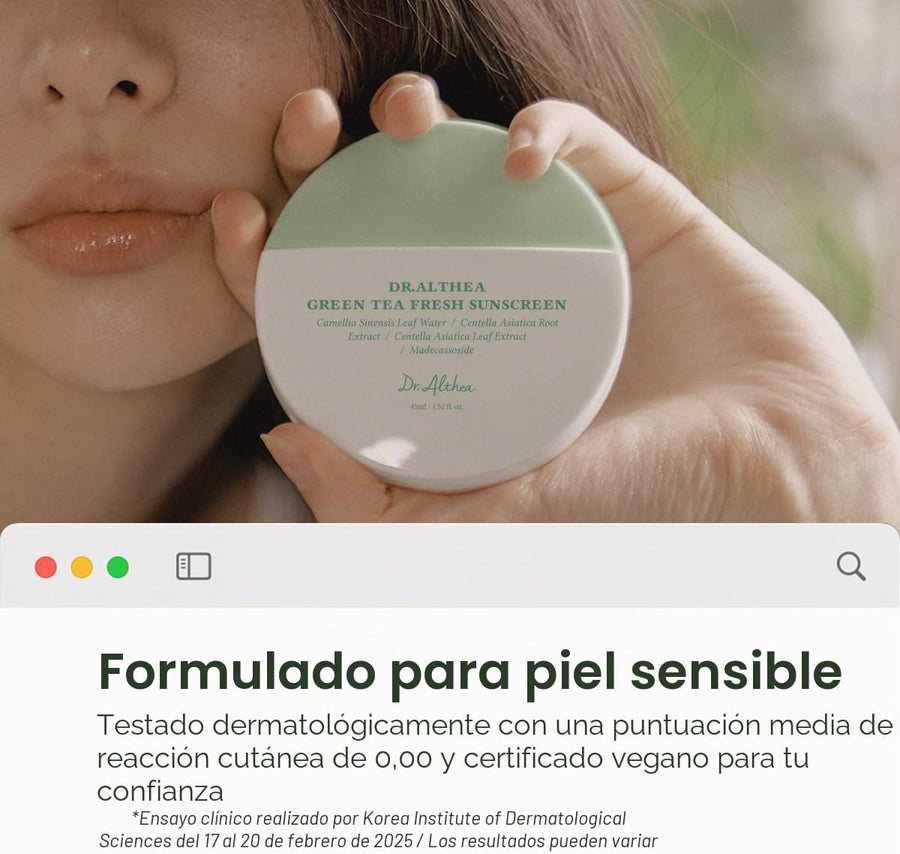 Dr Althea Green Tea Fresh Sunscreen vista lateral del envase