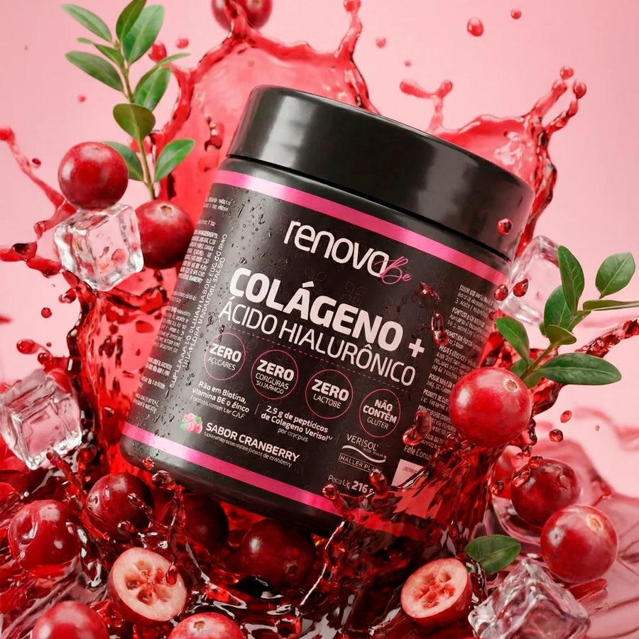 Colágeno Verisol Cranberry Renova Be misturado em água.