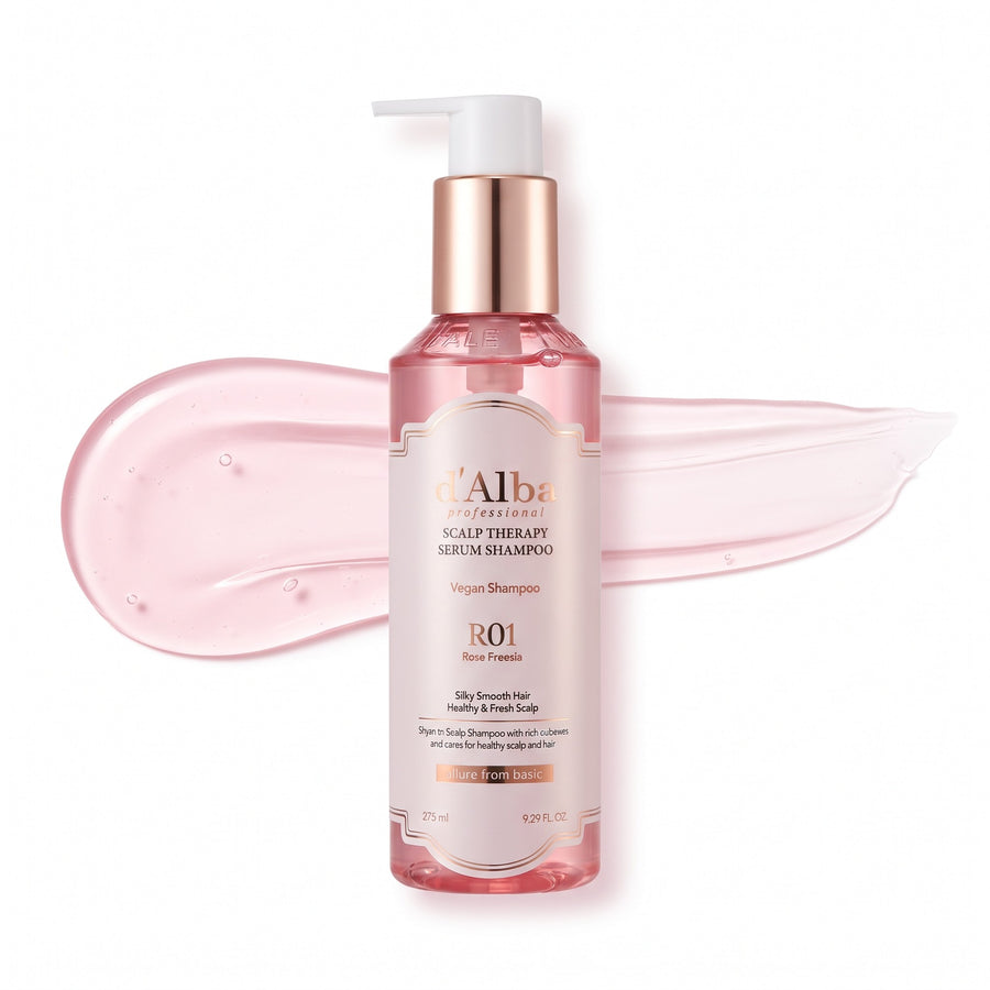 Champú d'Alba Rose Freesia envase frontal de 275 ml con la textura del champú