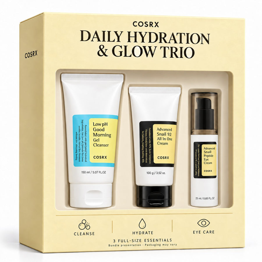 Kit Cuidado Diario COSRX: imagen ilustrativa de la caja de presentación con limpiador, crema y contorno de ojos (la caja no se incluye)