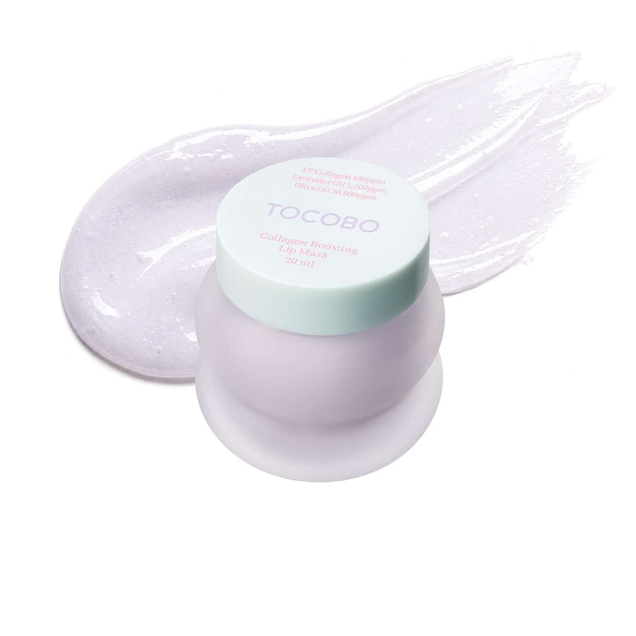 Mascarilla labial nocturna TOCOBO Purple Collagen tarro de 20 ml y textura brillante.