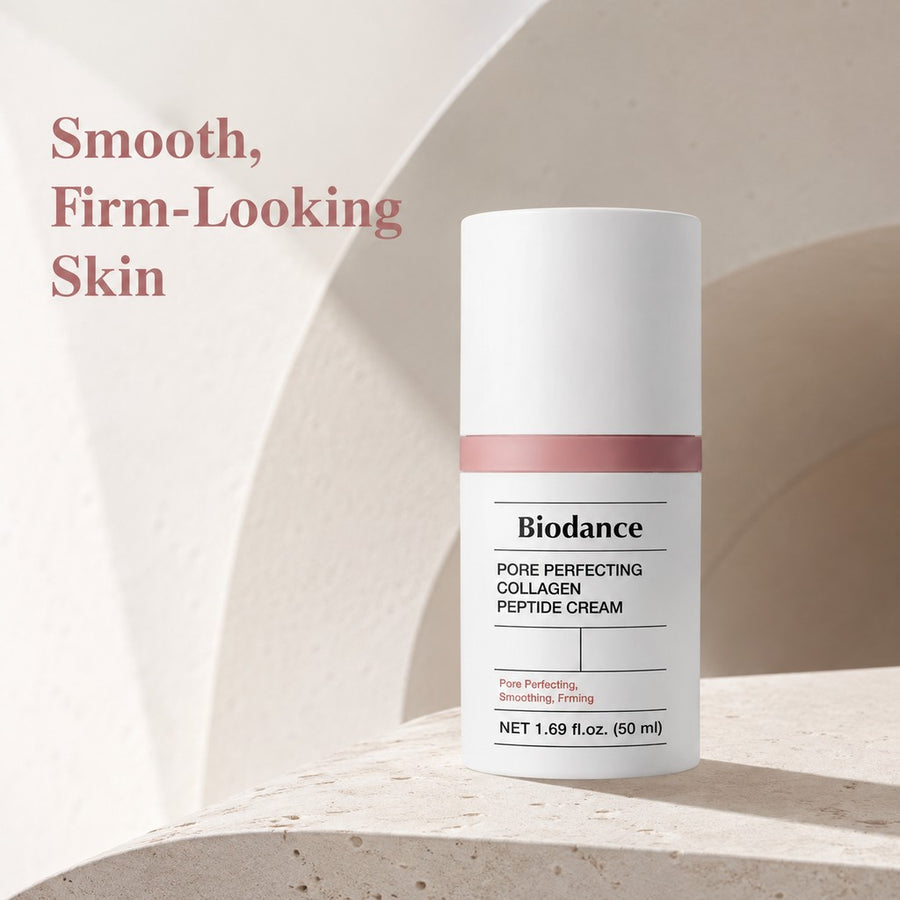 Kit Colágeno Biodance: crema Pore Perfecting Collagen Peptide Cream sobre una piedra clara