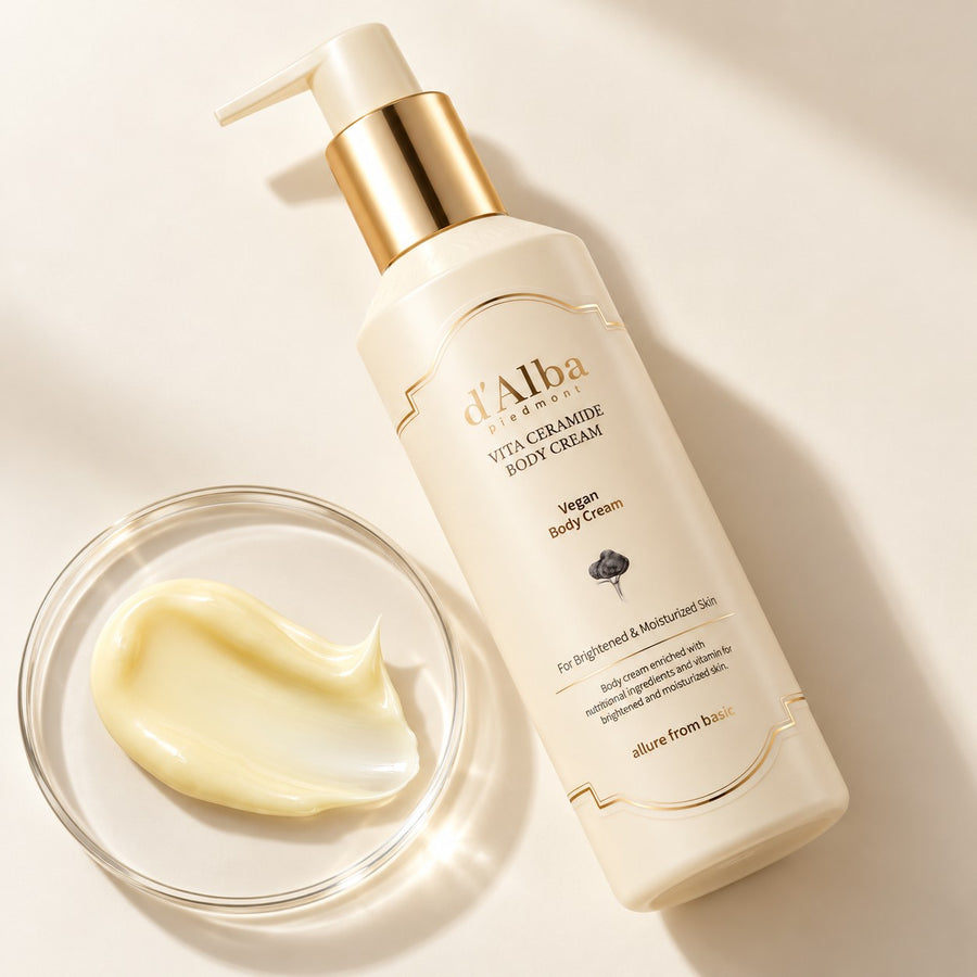Crema Corporal d'Alba Vegan Vita Ceramide 270 ml, envase y textura del producto