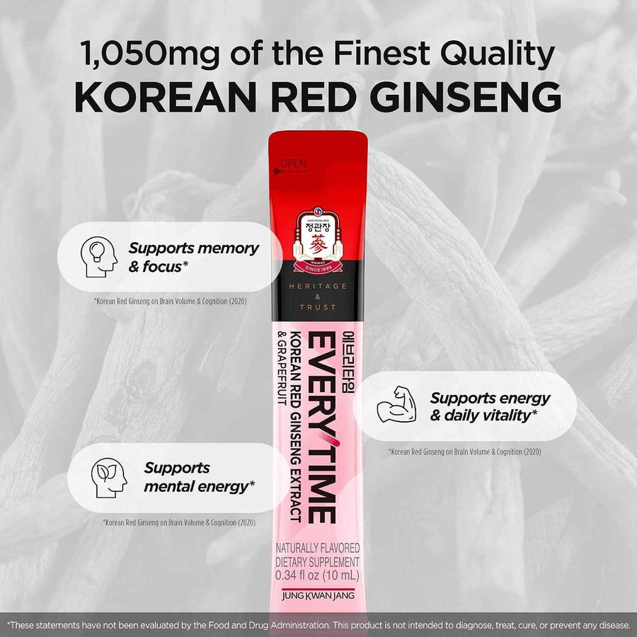 Ginseng rojo con pomelo en sobres Everytime caja abierta con los sticks.