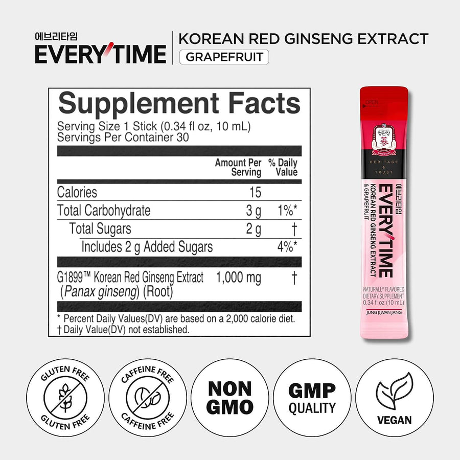 Ginseng rojo con pomelo en sobres Everytime formato monodosis junto a raíz de ginseng.