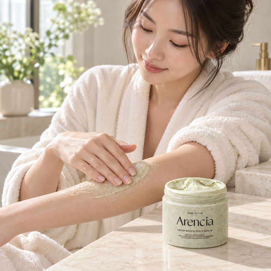 Exfoliante Arencia Fresh Geranio y Onagra 260 g, aplicación sobre la piel del brazo