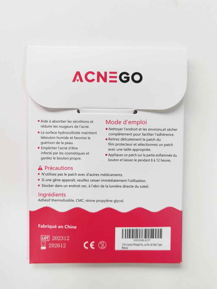 Parches Anti-Granos Hidrocoloide reverso del envase con ingredientes y código de barras.
