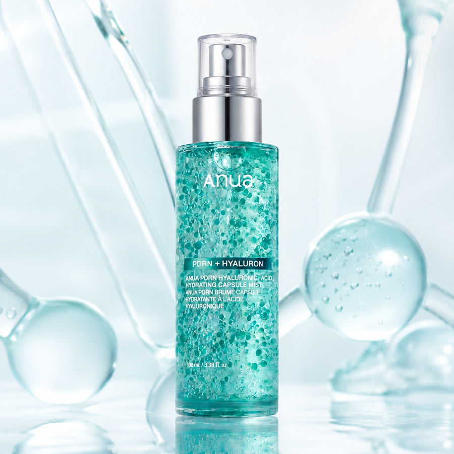 Kit Hidratante Anua PDRN: bruma facial con cápsulas junto a esferas de cristal