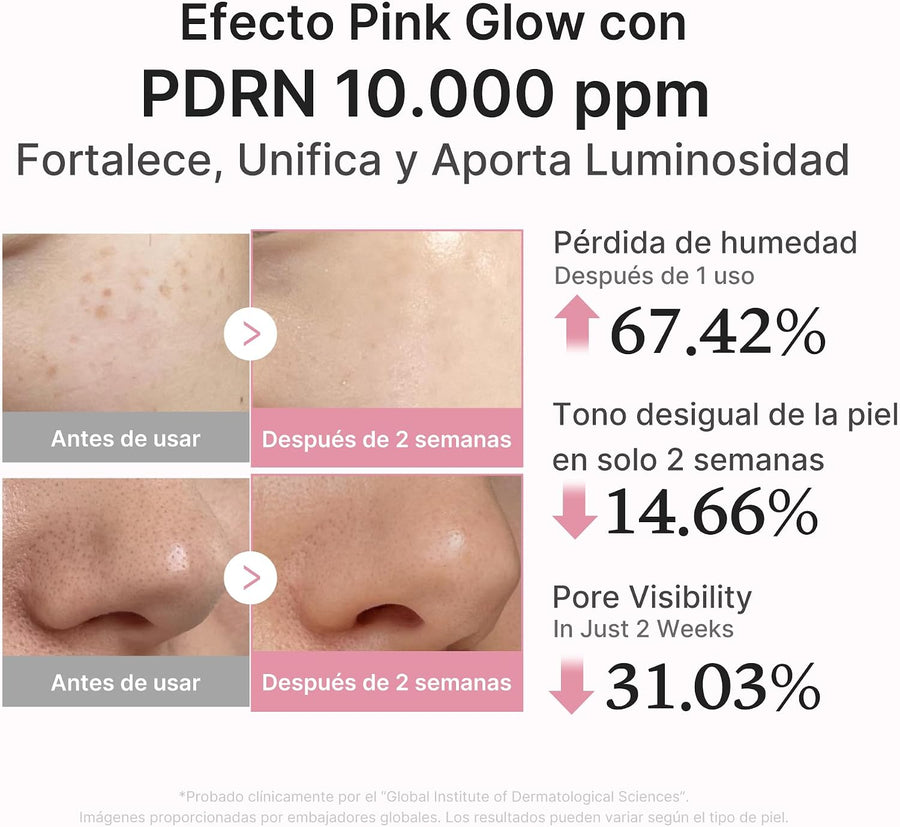 Medicube PDRN Pink Peptide Serum with Salmon DNA aplicado sobre el rostro.