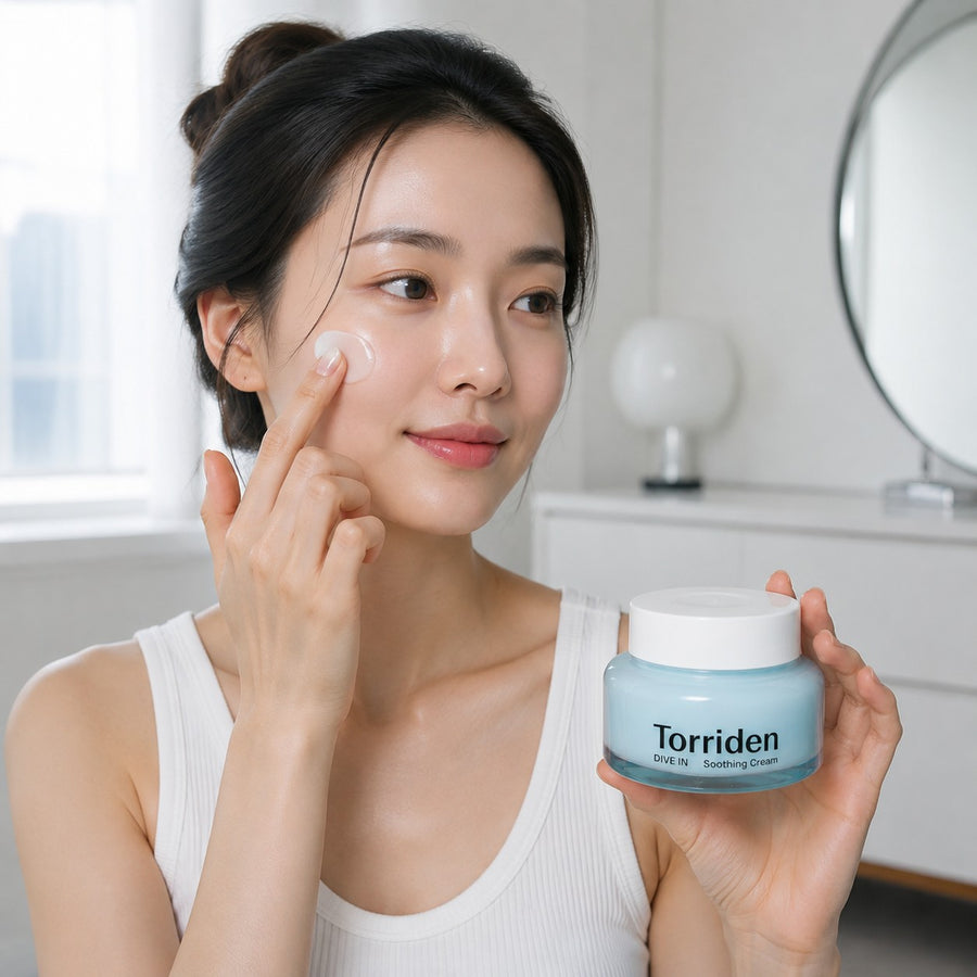 Mujer aplicando la crema Soothing Cream del Kit Hidratación Torriden DIVE IN en la mejilla