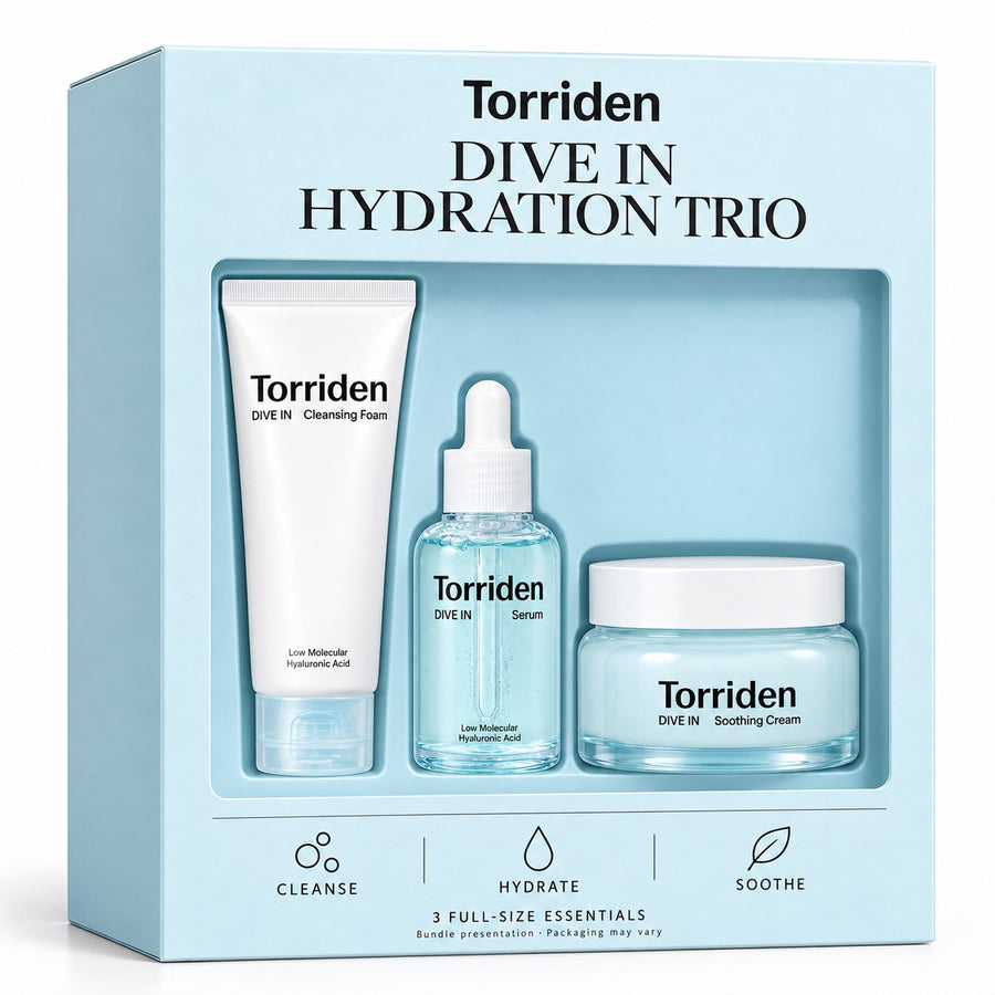 Kit Hidratación Torriden DIVE IN: imagen ilustrativa de la caja de presentación con espuma, sérum y crema (la caja no se incluye)