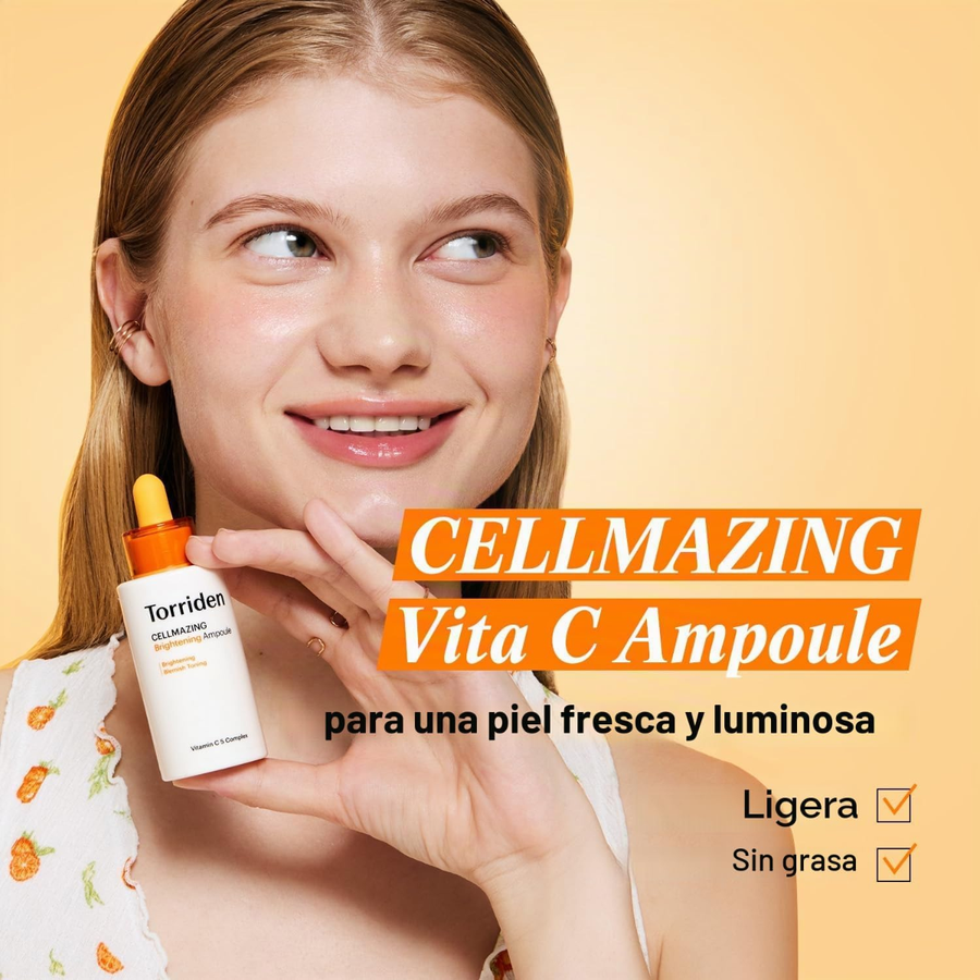 Ampolla Iluminadora Vitamina C Torriden Cellmazing detalle del gotero y el envase
