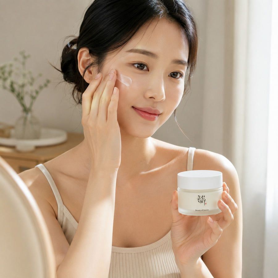Mujer aplicando la crema Dynasty Cream del Kit Diario Beauty of Joseon en la mejilla