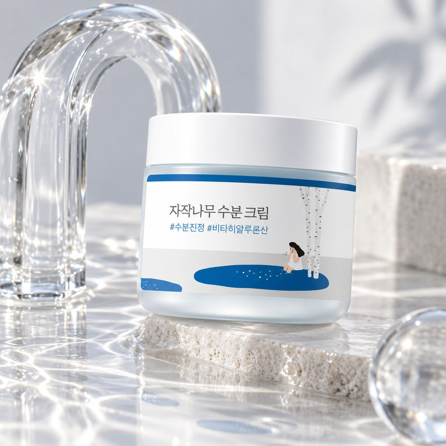 Kit Hidratación Round Lab: crema hidratante Birch Juice junto a un arco de cristal