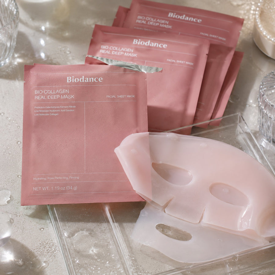 Kit Colágeno Biodance: mascarilla de hidrogel desplegada junto a sus sobres